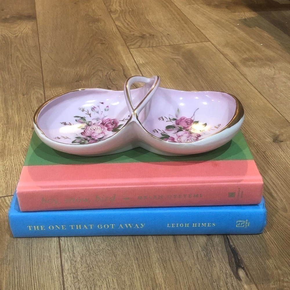 VINTAGE Hand painted Porcelain Pink & Gold Rose Floral Trinket Tray